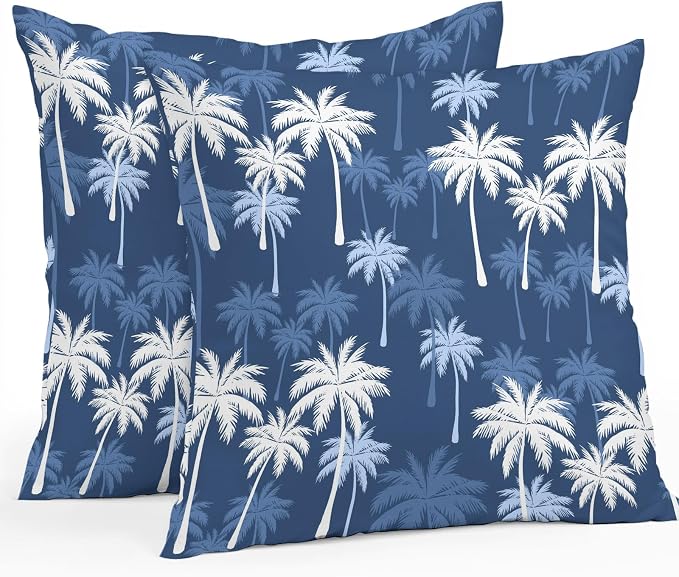 Throw Pillow Covers 20x20 Inch Set of 2, Tropical Palm Tree Waterproof Outdoor Pillow Covers, Navy Blue White Plants Coastal Leaf Decorative Cushion Pillowcases for Couch, Sofa, Bed, Garden, Patio