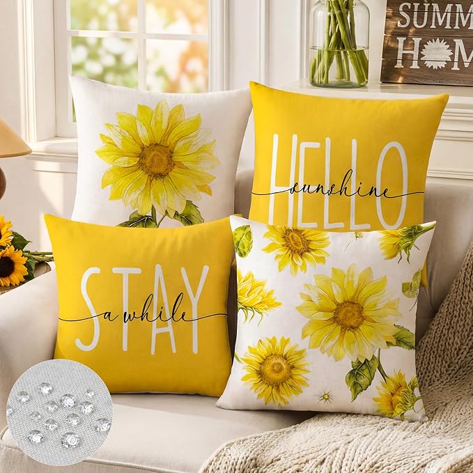 Sunflower Decor Yellow Outdoor Pillow Covers 18x18 for Patio Furniture | Summer Sunflower Decor, Waterproof, Mustard Yellow Floral, Set of 4, Farmhouse Pillow Covers, Porch, Outdoor Patio Furniture