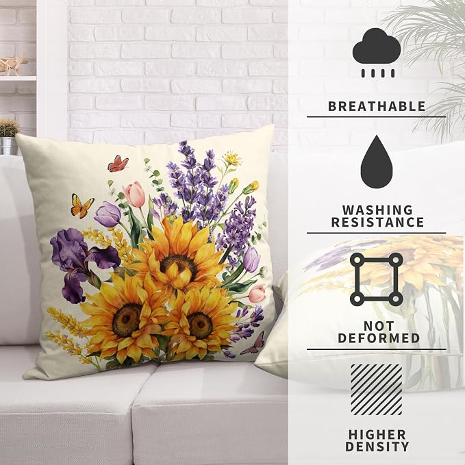 Sunflower Pillow Covers Floral Purple Lavender Butterfly Throw Pillow Covers Spring Summer Tulip Iris Flower Pillow Cases 22x22 for Home Farmhouse Couch Sofa Bed Decor 2 Pack