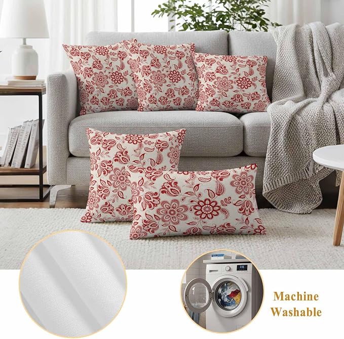 Abstract Paisley Pattern Outdoor Pillow Covers Set of 2 Retro Ethnic Red Flower Waterproof Throw Pillow Cover Decorative Cushion Cases for Patio Porch Garden 24X24 Inch