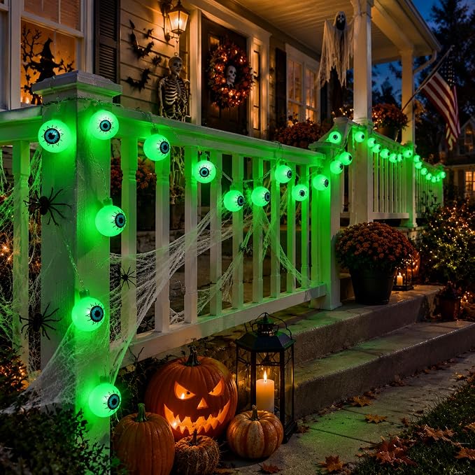 Crazy Night Halloween String Lights 10Ft 20 LEDs Battery Operated Green Eyeball Lights with Steady Flashing Modes Halloween Party Decor