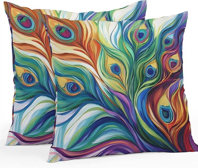 Colorful Peacock Feathers Outdoor Pillow Covers 16x16 Inch Throw Pillow Covers Set of 2 Waterproof Decorative Pillow Cases Oil Painting Abstract Art Cushion Covers for Patio Furniture Garden Couch