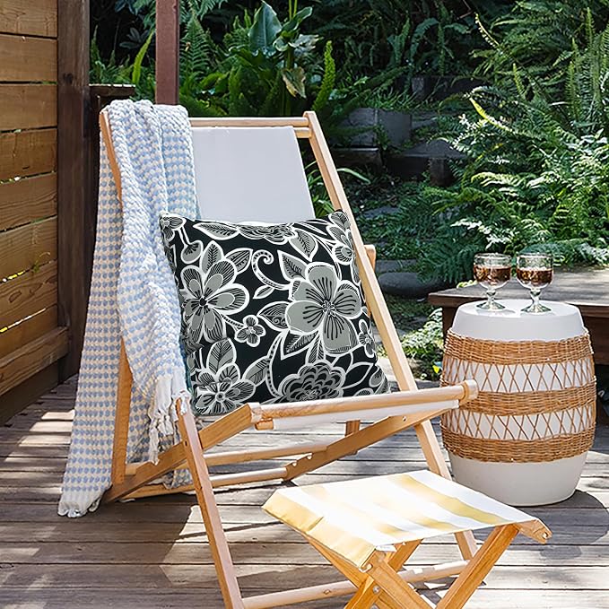 Outdoor Pillows for Patio Furniture 18x18 inch, Square Outdoor Throw Pillows with Inserts, Decorative Toss Pillows for Garden Couch Home Sofa Office Chair, Pack of 2,Flower Black