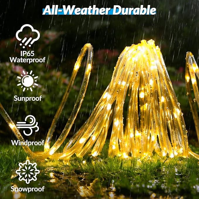 Solar Rope Lights, 20FT 60 LED Solar Fairy Lights with 8 Lighting Modes, IP65 Waterproof Strip Light Outdoor for Garden Yard Patio Deck Fence Tree Party Holiday Decoration, Warm White