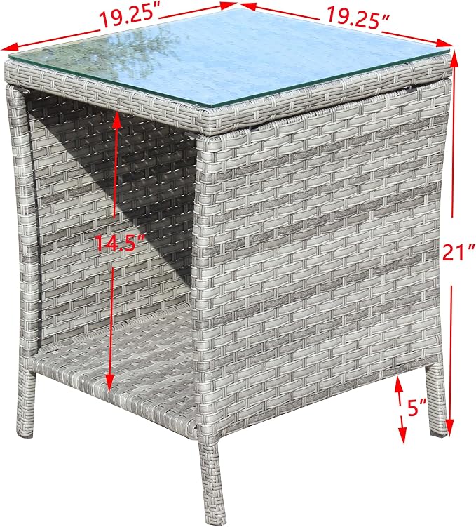 IRONORA Outdoor Wicker Side Table Patio Side Tables for Outside, Tempered Glass Top Wicker Table with Storage End Table for Balcony Porch Deck