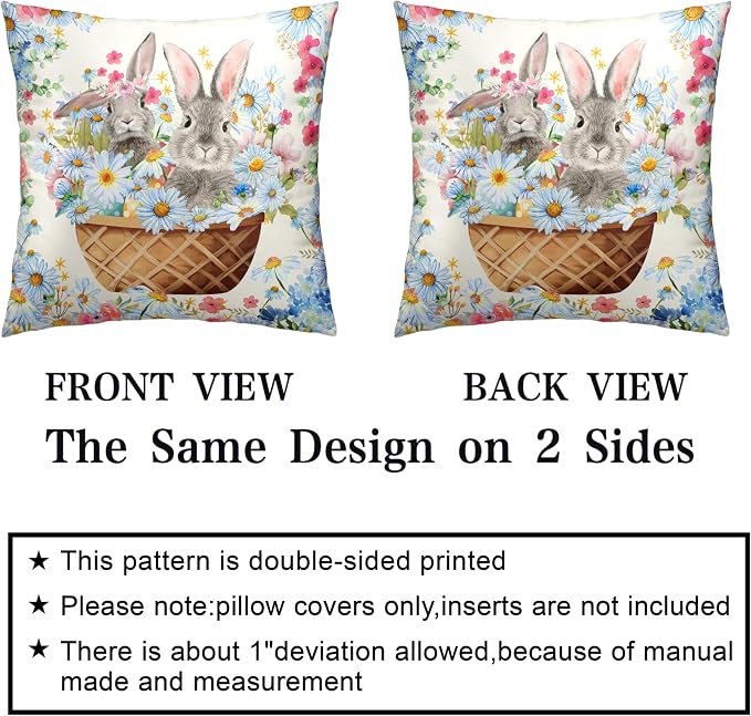 Easter Bunny Pillow Covers 18x18 Spring Rabbit Daisy Floral Throw Pillow Covers A Basket Filled with Lovely Bunny and Flowers Pillowcase Cushion Case for Sofa Patio Garden 2 Pack