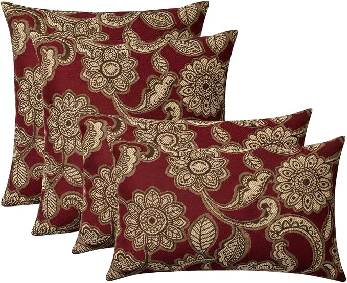 RSH DECOR: Outdura Lumbar & Square Pillows Set of 4 | 20" x 12" & 20" x 20" | Water and Fade-Resistant Fabric | Outdoor Throw Pillows for Patio Furniture | Made in USA (Veranda Crimson)