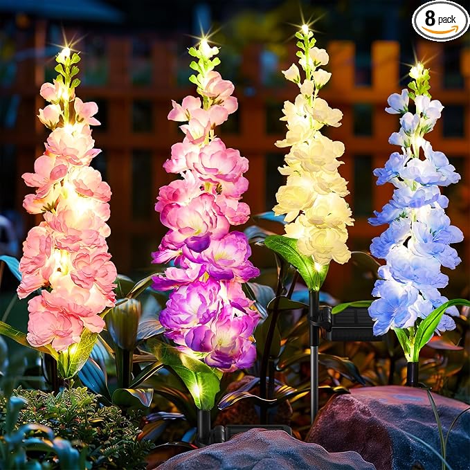 KOOPER Solar Delphinium Flower Lights Outdoor, 8 Pack, 72 LEDs, Waterproof | Vivid Solar Flowers Outdoor Waterproof for Landscape, Patio, Lawn, Flower Bed, and Yard Decor, Garden Gifts for Women, Mom