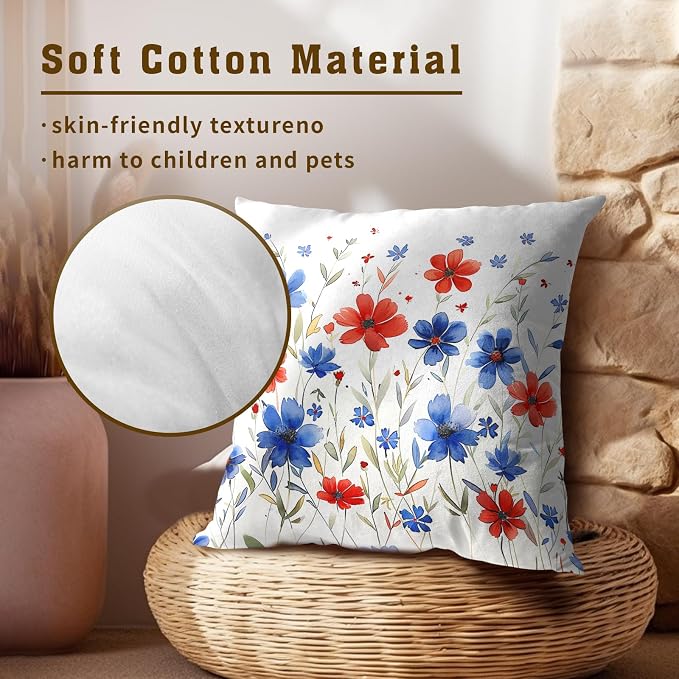 Wildflowers Throw Pillow Covers 18x18 Set of 2-4th of July Red Blue Floral Square Cushion Cover Independence Day Decorative Pillowcases for Couch Sofa Bed Living Room Decor