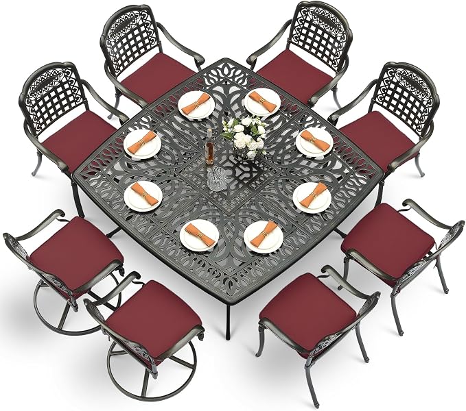 VIVIJASON 9-Piece Outdoor Dining Set, Cast Aluminum Patio Table & Chair Furniture Set for 8, Include Large 64" Square Dining Table, 2 Swivel Rocker Chairs, 6 Stationary Chairs, Umbrella Hole, Red