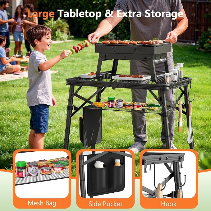 Folding Grill Table for Outside, 3 Height Adjustable Small Camping Table with Mesh Bag, Metal Aluminum Folding Table, 23.62 x 15.75 inches, Portable Grill Stand for Picnic, Camping, BBQ, Beach, Black