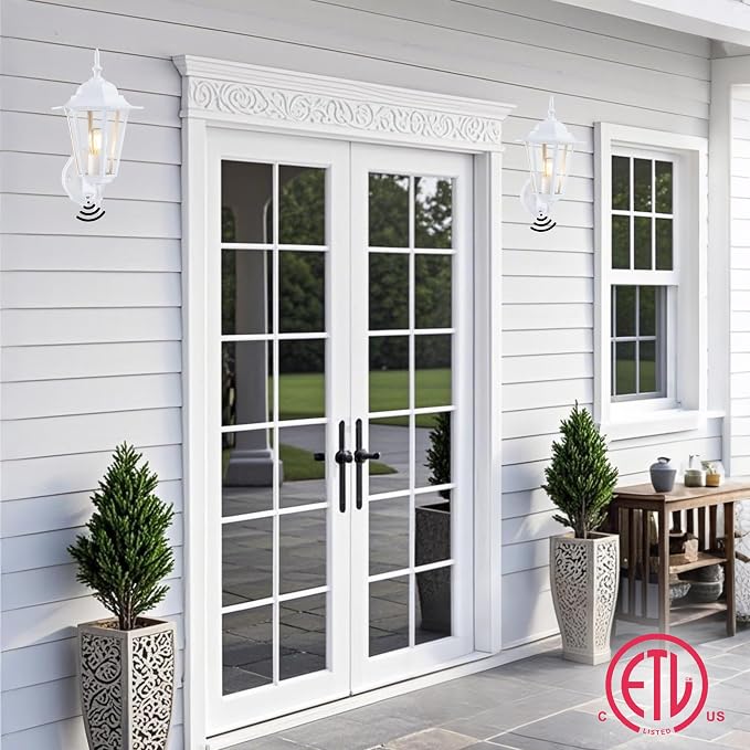 GRUENLICH Outdoor Wall Light Fixture, Rustproof Aluminum, Glass | Dusk to Dawn Exterior Porch Light Wall Sconce Lantern for House, Patio, Garage, Waterproof, E26 Socket 60W Max, White, 2 Pack