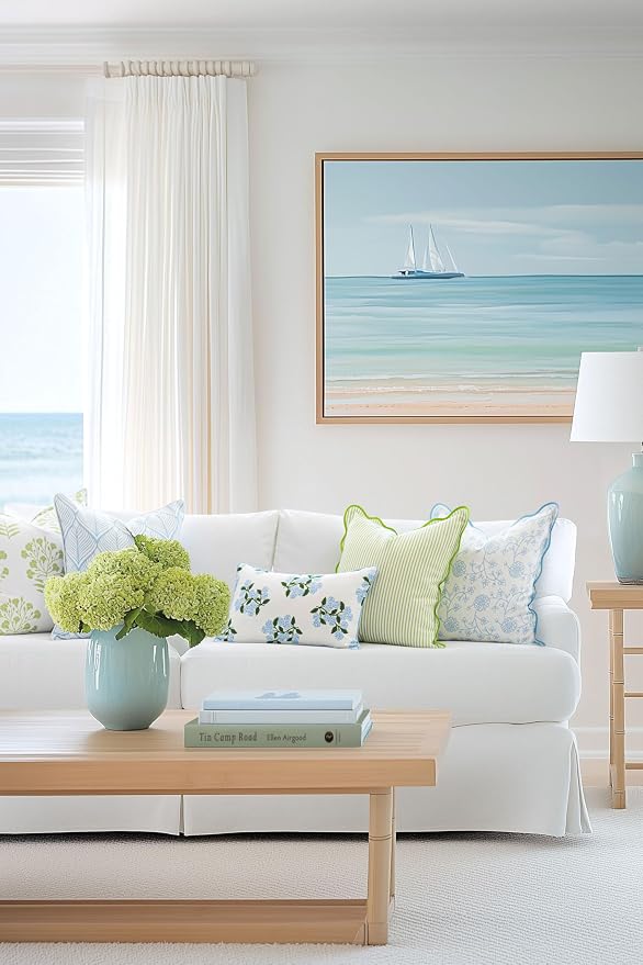 Hofdeco Premium Coastal Patio Indoor Outdoor Lumbar Pillow Cover Only, 12"x20" Water Repellent for Backyard, Couch, Baby Blue Print Hydrangea Flower