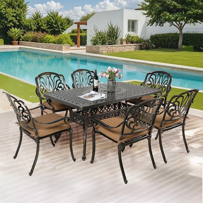 MEETWARM 60"x36" Cast Aluminum Patio Dining Table, Weather-Resistant Outdoor Dining Table for 6-8 Person, Patio Furniture Rectangular Table with Umbrella Hole and Adjustable Foot Pads, Dark Bronze
