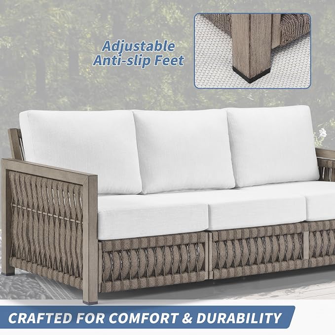 3-Seater Outdoor Sofa, All-Weather Aluminum Patio Sofa with Rope Weave & Widened Armrests, Deep Seating Cushions Patio 3-Seat Sofa for Garden, Deck, Porch, Balcony, Gray Oak
