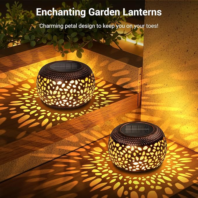 Solar Lanterns Outdoor Waterproof, 4 Pack Flower Petal Solar Garden Lights with 2 Lighting Colors, Vintage Metal Outdoor Patio Garden Decor - Unique Gifts for Women Mom Sisters Birthday