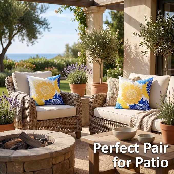 Outdoor Waterproof Floral Pillow Covers Yellow Blue Summer Decorative Throw Pillow Covers 18x18 Set of 2 Square Sunflower Garden Cushion Throw Pillowcase for Patio Furniture Garden Tent Balcony Bench