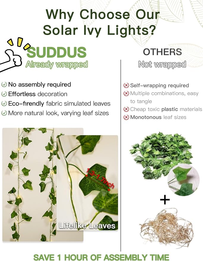 Solar Ivy String Lights, 33Ft 100 LED Vines with Lights Warm White