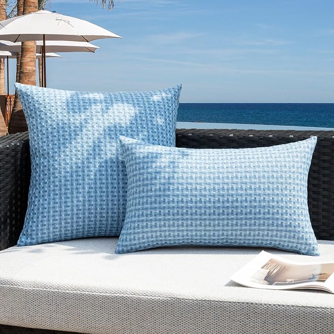 Kevin Textile Outdoor Waterproof 16"x16" Pillow Covers 2 Pack, Light Blue | Water Resistant Weaving Faux Linen Texture Throw Pillow Covers, Outside Decorative Pillowcases for Garden Patio Balcony Couch
