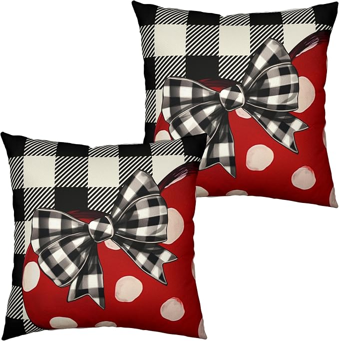 Valentines Day Throw Pillow Covers 24x24 Buffallo Plaid Valentines Pillow Covers Polka Dot Red Love Heart with Bow Decoarative Pillow Case for Living Room Couch Sofa