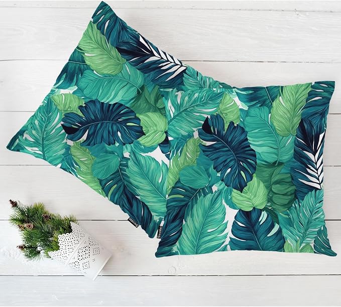 Swono Palm Leaves Bed Pillow Covers, Tropical Beach Turquoise Green Palms Decorative Throw Pillow Cover Cushion Case for Sofa Bed Living Room Farmhouse Decorations, 18"X18" 2 Pieces Pillowcases