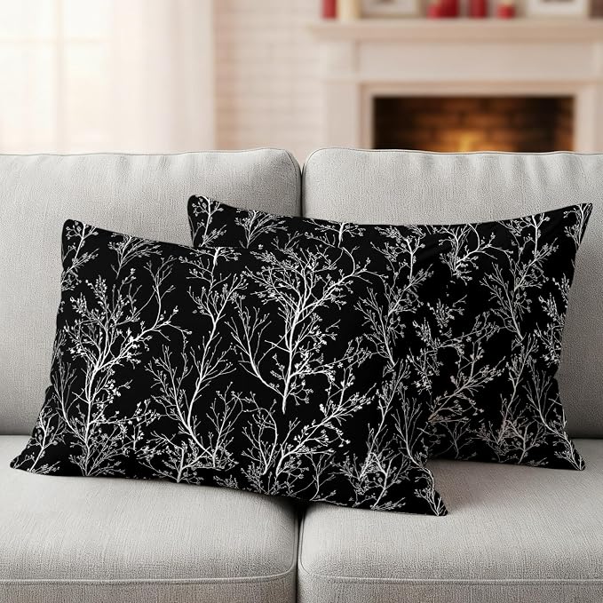 Black Branches Waterproof Outdoor Pillow Covers Set of 2 Home Decor, Abstract Art Leaves Plant Lumbar Pillowcase Patio Pillow Covers for Couch Bench Patio Furniture Garden 20x12in