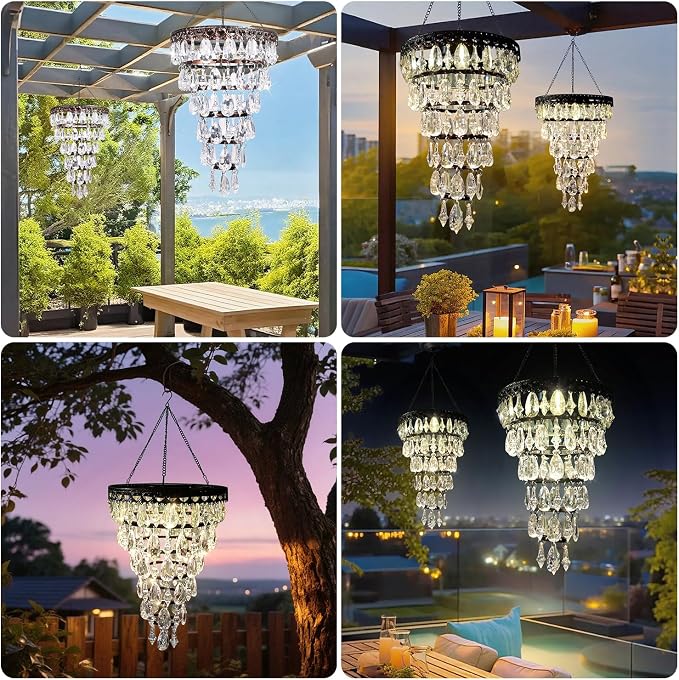 Solar Hanging Crystal Chandelier Outdoor Waterproof Garden Light | Acrylic Beads Bright Warm LED Tree Hanging Lantern for Mom's Gifts Garden Gazebo, Party, Wedding Garden Decor