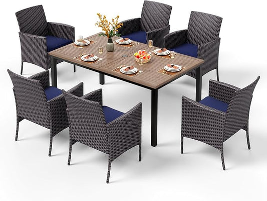 PHI VILLA 7 Piece Patio Dining Set, 64” Wood-Like Table, Rattan Chairs | Outdoor Dining Set for 6, Rectangular Table with Umbrella Hole, Wicker Chairs with Cushions for Patio, Deck, Porch