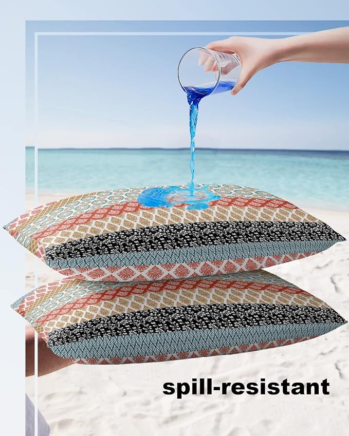 Boho Outdoor Pillow Covers Waterproof, Colorful Striped Ethnic Modern Geometric Abstract Art All Weather Cushion Case Set of 2, Lumbar Pillowcase for Sofa Couch Bed Decor Patio Furniture 20"x12"