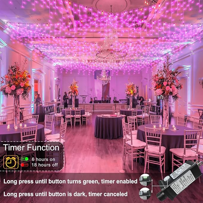 Pink Christmas Lights Outdoor Icicle Lights for Outside 33ft 400 LED String | Twinkle Lights Clear Wire Connectable 8 Modes Timer Plug in Waterproof for Window Party Wedding Holiday Patio Tree Decoration
