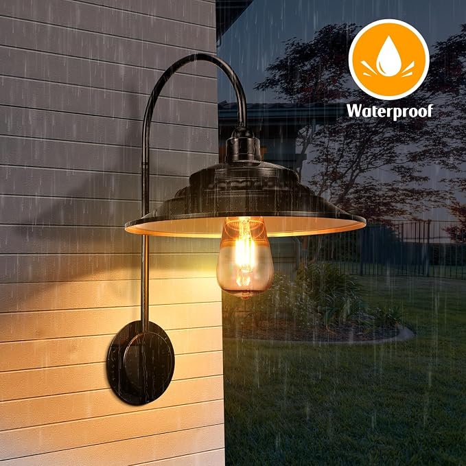 Solar Barn Lights Upgrade, 1PC Waterproof Wall Light Fixture, Rustic Vintage Metal Gooseneck Solar Wall Mount Lights with Gold Interior, for Outdoor Barn Shed Garage Porch (Black)