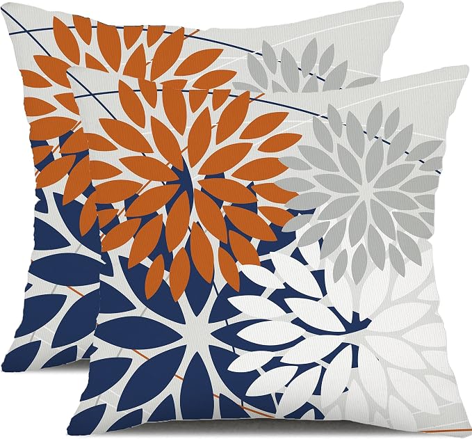 DFXSZ Pack of 2 Outdoor Waterproof Throw Pillow Covers 18x18 Orange Blue | Polyester Spring Summer Fall Floral Decorative Cushion Cases(NO INSERT),For Couch Patio Funiture Garden Home Decor