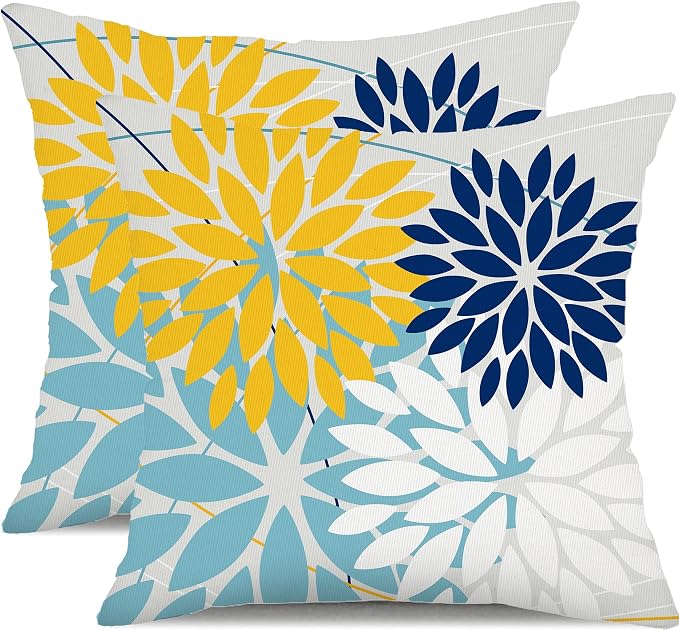 DFXSZ Pack of 2 Outdoor Waterproof Throw Pillow Covers 20x20 Yellow Blue | Polyester Colorful Spring Summer Floral Decorative Cushion Cases(NO INSERT),For Couch Patio Funiture Garden Home Decor