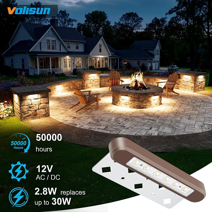 VOLISUN 7 Inch Retaining Wall Lights, 2700K Hardscape Lighting, 8 Pack | IP67 Waterproof, Cuttable Low Voltage Landscape Lighting, 12V Paver Lights, 2.8W Outdoor Step Lights