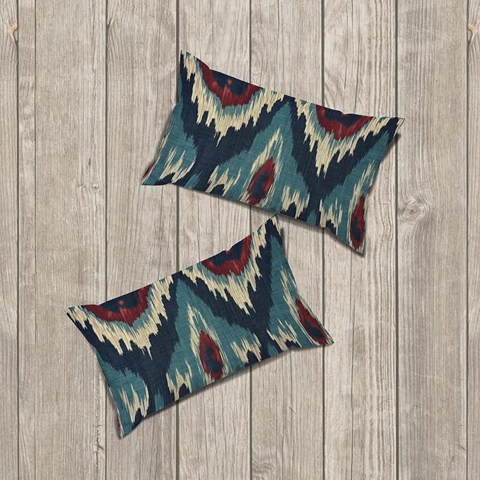 Zipped Pillow Cases for Home Decor Blue Green Red Cream Ikat Pattern Throw Pillow Cover Set of 2 Farmhouse Cushion Cover Cases for Living Room Club Home Decor 12x20in