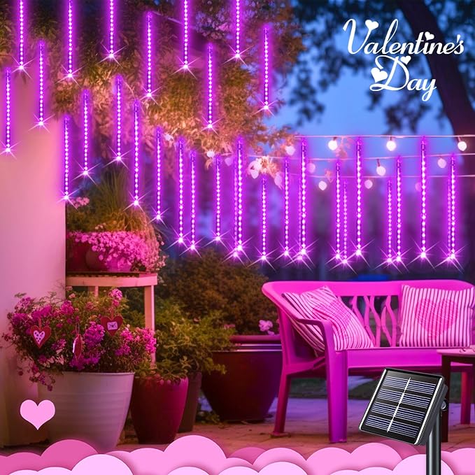 JMEXSUSS Pink Solar Meteor Shower Lights Outdoor, 8 Tube 144 LEDs | Solar Christmas Lights for Tree Eave Holiday Party Patio House Wedding Valentine's Day Decor