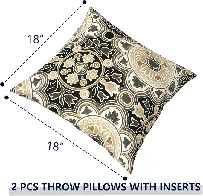 Outdoor Pillows with Insert 18x18 Inch, Waterproof Throw Pillow for Patio Furniture, Decorative Back Cushion for Garden Home Sofa Office Chair, Set of 2, Vintage Medallion