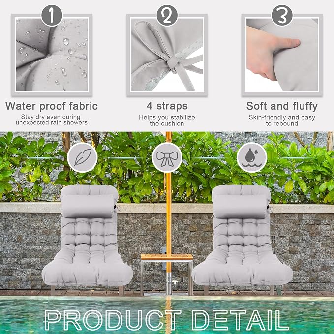 Tudomro Outdoor Chaise Lounge Cushion 66x21x4'' Waterproof & Fade-Resistant Patio Pool Chaise Lounge Cushion Headrest Pillow Tie Replacement Rocking High Back Chair(Light Gray,Set of 2)