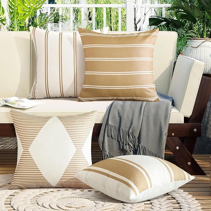 OTOSTAR Outdoor Waterproof Decorative Throw Pillow Covers 20x20 Inch Geometry Pillow Cases Square Cushion Case Garden Pillow Covers Pillows Shell for Patio Furniture Couch Tent Set of 4 (Light Coffee)