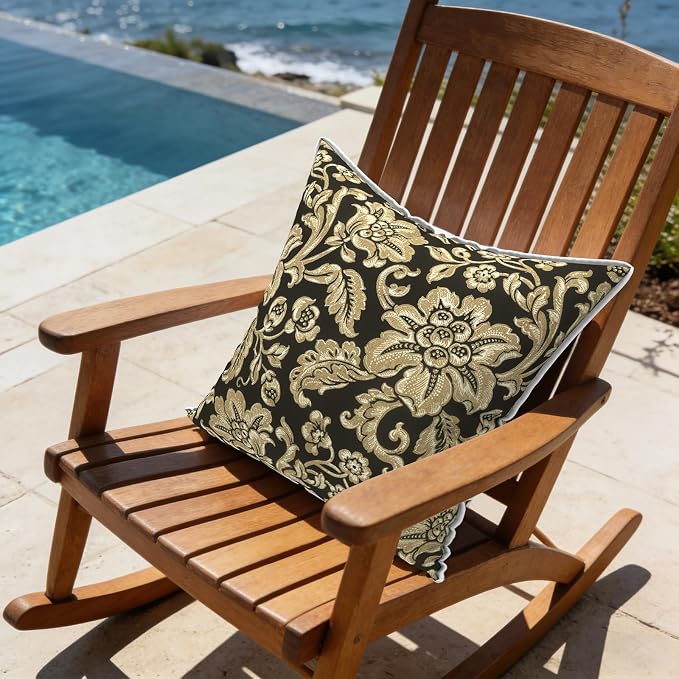 LVTXIII Outdoor Throw Pillows 18x18 Patio Waterproof Square Pillows with Piping Fade Resistant Accent Pillow for Spring Summer Garden Decoration, Set of 2, Jacobean Black