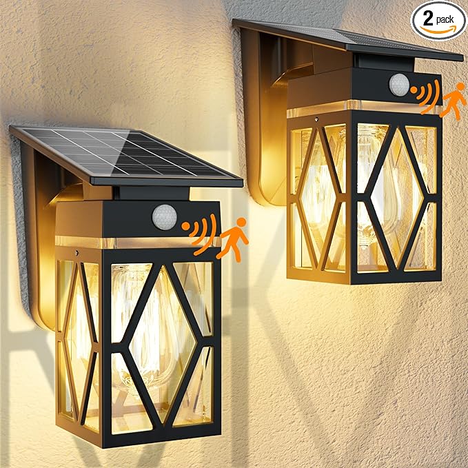 2 Pack Solar Porch Lights Outdoor with Dusk-to-Dawn Motion Sensor | 200LM 3000K Warm White, E26 ST58 Bulb, Classic Lantern Design, 3 Lighting Modes, IP65 Waterproof for Porch, Garage & Patio