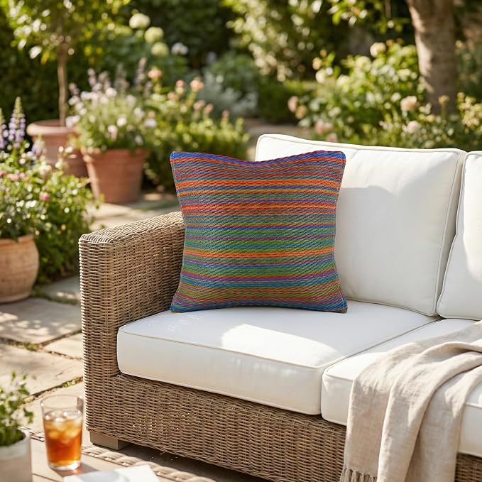 Fab Habitat Outdoor Premium Recycled Plastic Pillow - Waterproof, Fade Resistant - Striped - Patio, Porch, Deck, Balcony - Cancun - Multicolor - 20" x 20"