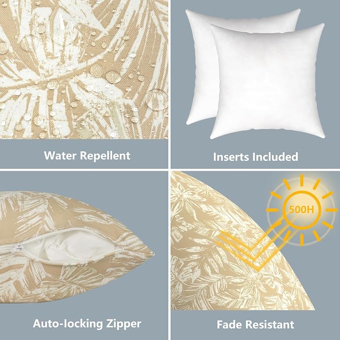 LVTXIII 2 Pack Outdoor Pillows 18x18 Inch, Square Throw Pillows with Inserts, Decorative Water-Repellent Pillow Cushions for Patio Furniture and Garden Sofa, Tropical Leaf Oat