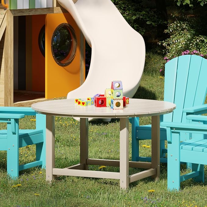 WestinTrends Malibu Kids Outdoor Patio Furniture HDPE 38" Wide Round Dining Table, Sand