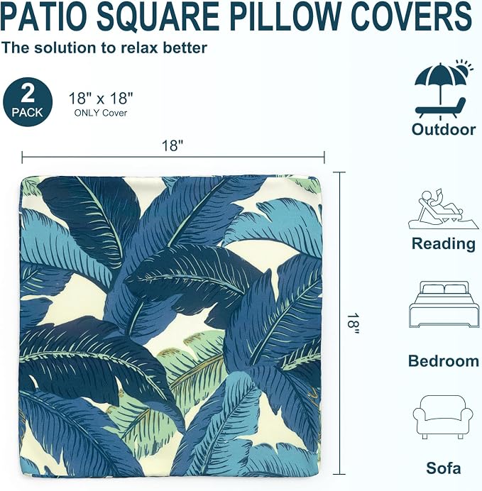 DYTXIII Pack of 2 Outdoor Waterproof Pillow Covers ONLY, 18"x18" Square Decorative Double Printed Throw Pillow Cases for Patio Couch Porch Furniture, Swaying Palms Blue
