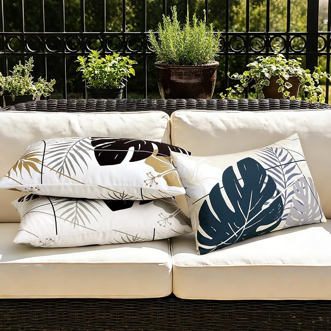 OTOSTAR Outdoor Waterproof Throw Pillow Covers 12x20 Inch Set of 2 Double-Sided Black Grey Tropical Leaf and Flower Spring Summer Decorative Pillow Cases for Patio Funiture Garden Balcony Couch