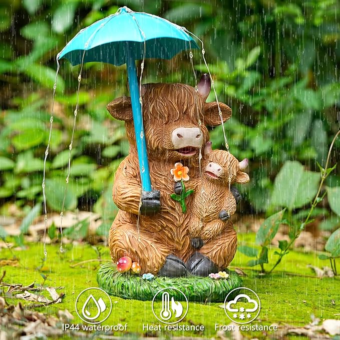 Joint Honglin Solar Highland Cow Garden Statue with Raindrop String Lights, Flashing Umbrella Fairy Lights Outdoor Resin Figurine, Yard Lawn Ornament, Unique Birthday for Mom Grandma