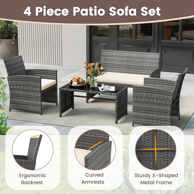HAPPYGRILL 4 Piece Rattan Wicker Patio Conversation Set, Outdoor Furniture with Chair Loveseat Table & Cushion, for Backyard Porch Balcony (1, Off White)
