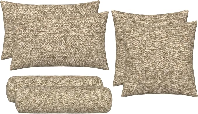 RSH DECOR: 6-Pack Pillow Set | Sunbrella Performance Fabric |Water & Fade-Resistant| 17" Square, 20"x12" Lumbar, 20"x6" Neck Roll | Outdoor Pillows for Patio Furniture | Made in USA (Berber Cafe)
