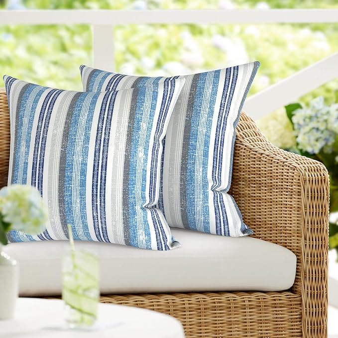 DYTXIII Pack of 2 Waterproof Outdoor Pillow with Inserts, 18x18 Square Patio Decorative Throw Pillow for Home,Sofa,Bench and Patio Furniture,Stripe Layered Blue